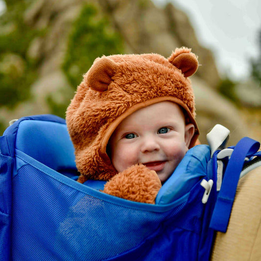 A baby sits in a backpack